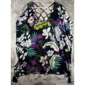 Kona Sol Colorful Floral Lattice Back Sheer Kaftan Swim Cover Up Beach Womens M